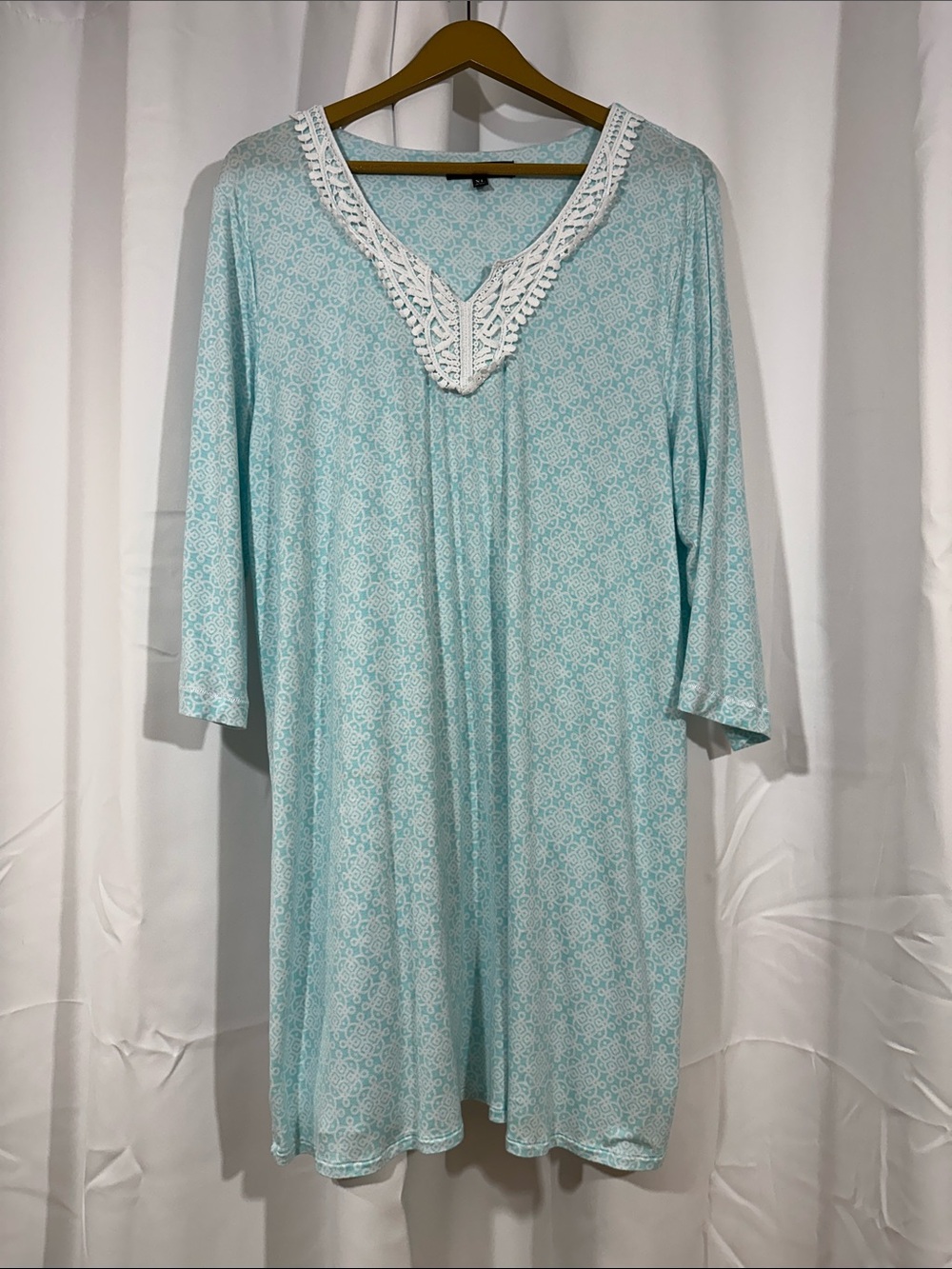 Ellen Tracy Sleep Dress Nightgown Size XL Aqua Blue Print Rayon Blend Sleepwear